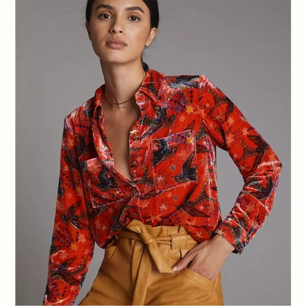 NWOT Maeve Anthropologie Dark Orange Velvet Top 6 - Picture 2 of 13